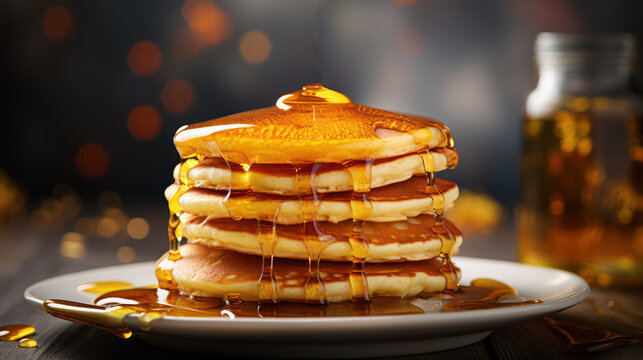 Close-up of delicious pancakes with maple syrup on a light background. Food photography. Pancake day