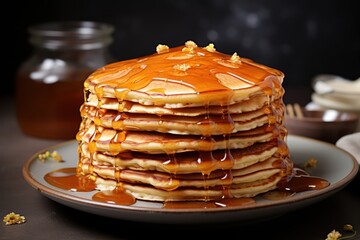 Close-up of delicious pancakes with maple syrup on a light background. Food photography. Pancake day