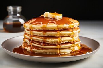 Close-up of delicious pancakes with maple syrup on a light background. Food photography. Pancake day