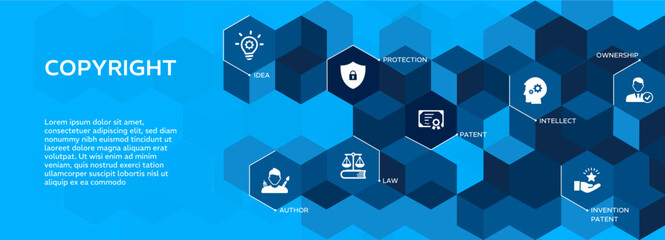 Copyright Banner web vector illustration concept with icons of author, law, protection, intellect, ownership, patent , and invention patent. - obrazy, fototapety, plakaty