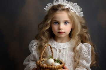 Portrait of a beautiful little girl with a basket of easter eggs