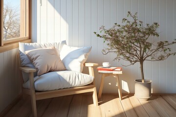 Serene Corner with Cozy Armchair, Potted Plant, and Warm Sunlight Pouring Through Window