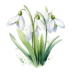Watercolor illustration of spring snowdrop flowers isolated on white background