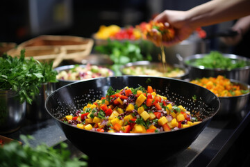 Obraz premium A hands-on cooking class where participants learn to make fruit salsa, emphasizing the versatility of fruits in savory dishes. Concept of culinary education. Generative Ai.