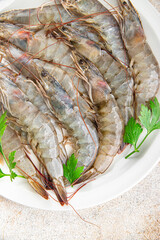 shrimp raw seafood fresh prawn cooking appetizer meal food snack on the table copy space food background rustic top view