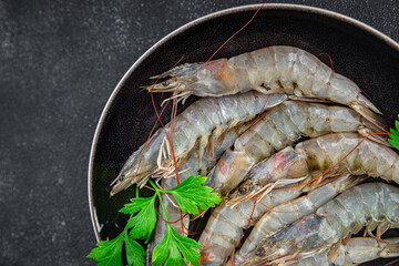 shrimp raw seafood fresh prawn cooking appetizer meal food snack on the table copy space food background rustic top view