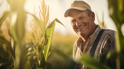 A happy, smiling farmer man in his 50s, wearing a shirt and a cap, walking through the corn field on a sunny summer day. Agricultural laborer or worker, producing organic food on a rural farmland - obrazy, fototapety, plakaty