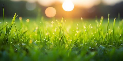Close up of green Grass with waterdrops, blurry background with sunlight