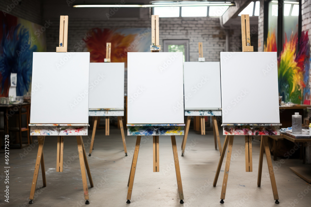 Poster a set of blank canvases arranged in an art studio, hinting at the upcoming masterpieces yet to be pa