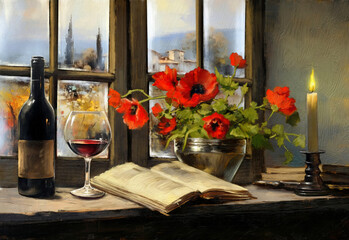 Fototapeta na wymiar Beautiful still life with wine and poppies in a vase, a burning candle and books. Fine art, artwork, still life with wine and book