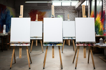 A set of blank canvases arranged in an art studio, hinting at the upcoming masterpieces yet to be painted. Generative Ai.