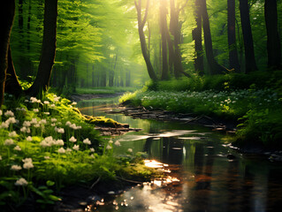 Spring in a forest with a lake and sunlight, natural background