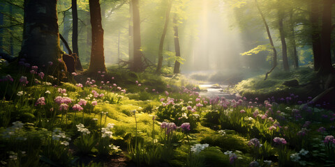 Spring in a forest with a lake and sunlight, natural background