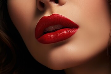 Obraz premium Young woman applying red lipstick on lips, closeup