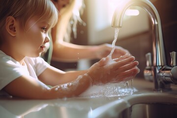 Child washing her hands under the water tap - obrazy, fototapety, plakaty