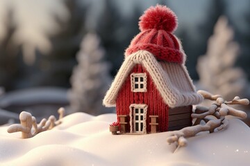 A wooden toy house in the snow in winter is covered with a hat and wrapped in a scarf.
