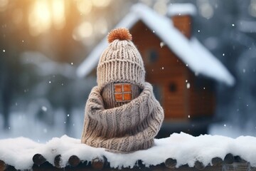 A wooden toy house in the snow in winter is covered with a hat and wrapped in a scarf.