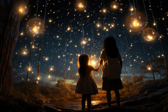 Digitally rendered artwork of girls creating constellations with glow-in-the-dark stars, fostering a sense of wonder and exploration. Generative Ai.