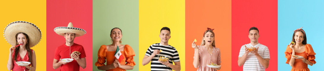 Set of young people with Mexican flag and traditional food on color background