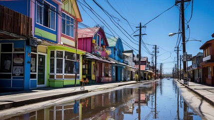 Fototapeta na wymiar Colorful Streets Reflecting on Puddle Water in a Quiet, Sunny, Urban Neighborhood After Rain