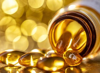 Vitamin D capsules tablets in sunshine, sunlight. Omega 3 fish oil capsules and a glass bottle, golden bokeh web banner background.