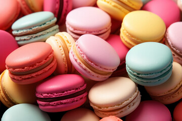 Colorful macarons arranged in a gradient pattern, showcasing the delicate and precise nature of this French confectionery. Generative Ai.