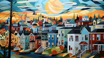 Stylized Artistic Depiction of a Quaint Town at Sunset with Vibrant Houses and Rolling Hills