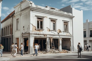 Obraz premium Old building in the city under reconstruction old facade renovation of architecture