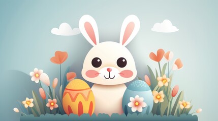 Easter cartoon bunny and eggs.
