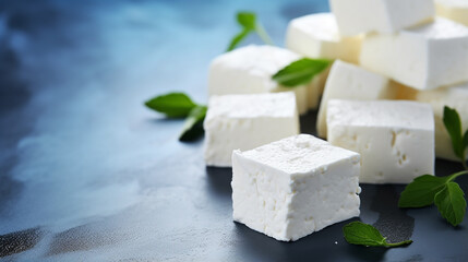 Cubes of feta cheese with mint leaves on a blue background - obrazy, fototapety, plakaty