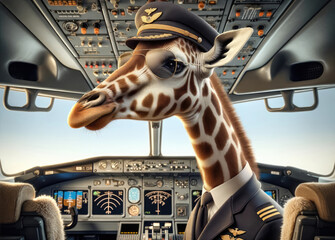 Giraffe pilot in cockpit - obrazy, fototapety, plakaty