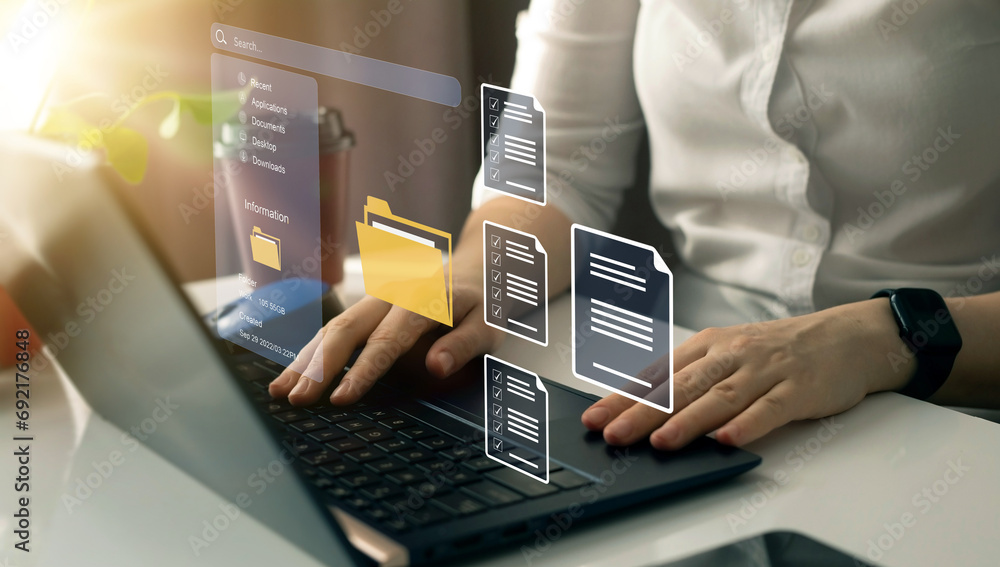 Poster document management system concept. businesswoman working on laptop with virtual screen. process aut