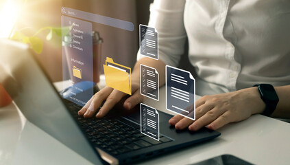document management system concept. Businesswoman working on laptop with virtual screen. Process...