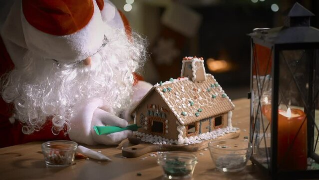 Santa Claus decorating a gingerbread house with sweet patterns in his residence with a fireplace and a Christmas tree