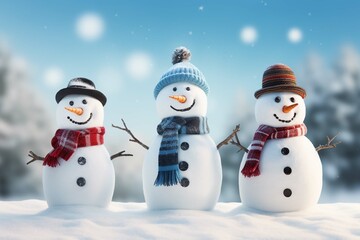 Four funny cheerful snowmen standing in winter Christmas landscape. Merry Christmas and happy New Year greeting card with copy-space. Winter background: