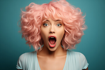 Cool young woman in pink hair, smiles on isolated background .