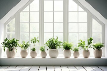 Green potted plants on a windowsill in a bright room with white walls and windows