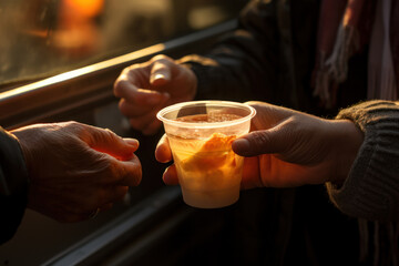A pair of hands reaching for a cup of hot soup from a mobile food van, reflecting the vital role of outreach programs in combating hunger. Generative Ai. - Powered by Adobe