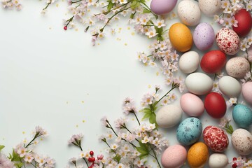 Obraz na płótnie Canvas Happy Easter! Colorful Easter eggs with blossoms and spring flowers. flat lay on light background.