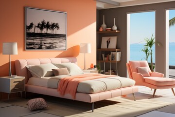 A modern bedroom designed in soft peach fuzz tones, equipped with a large window with a view. Minimalistic home interior