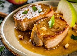 pan-seared pork chops wearing apple sauce sheen under a spotlight