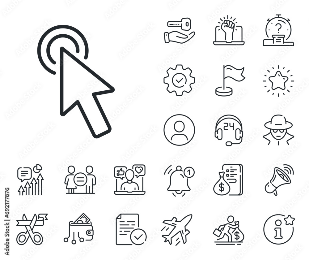 Poster click action sign. salaryman, gender equality and alert bell outline icons. mouse cursor line icon. 