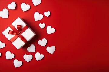 Valentines day. Gift box with hearts on red background
