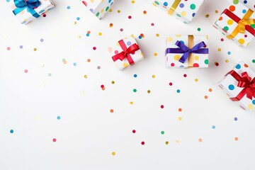 Colorful gift boxes with confetti on white background