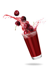 Fresh cherry juice splashing from glass on white background