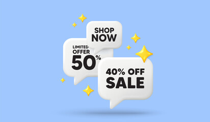 Sale 40 percent off discount. 3d offer chat speech bubbles. Promotion price offer sign. Retail badge symbol. Sale speech bubble 3d message. Talk box stars banner. Vector