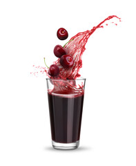 Fresh cherry juice splashing from glass on white background