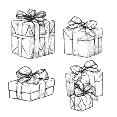 Gift boxes set. Hand drawn sketch style illustration. Best for Christmas, birthday designs. Vector illustrations collection.