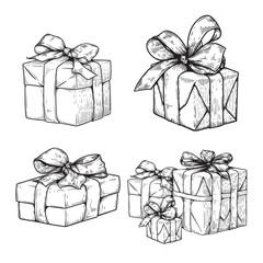 Gift boxes set. Hand drawn sketch style illustration. Best for Christmas, birthday designs. Vector illustrations collection.
