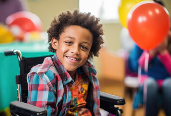 Portrait of a cute young disabled black boy sitting in a wheelchair at a birthday party. Smiling at the camera.   - obrazy, fototapety, plakaty